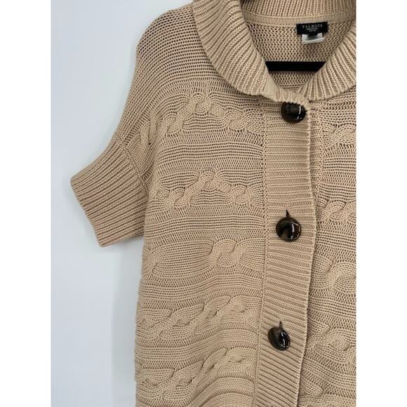 Talbots Sweater Tan Chunky Cable Knit Cardigan Short Sleeve Fisherman Size LP - Picture 2 of 8